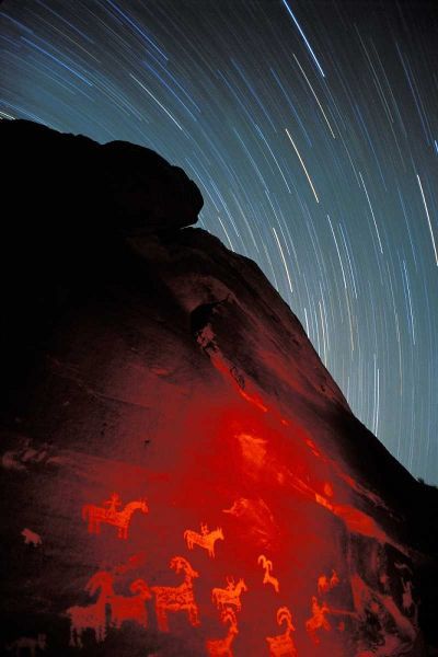 USA, Utah, Arches NP, Petroglyphs and star trails
